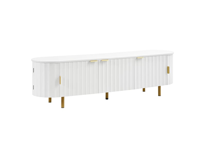 Meuble tv bas en mdf avec 5 portes, façade rainurée, côtés arrondis, pieds et poignées en métal, rangement moderne et élégant pour salon, pour aménagement intérieur moderne OPULERANE TRADING LTD - Conforama A