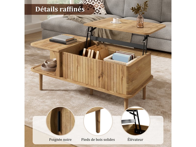  Table basse rétro moderne, plateau réglable en hauteur, porte coulissante, aspect bois, rainures verticales, pieds en bois, table de salon multifonctionnelle  - Conforama E