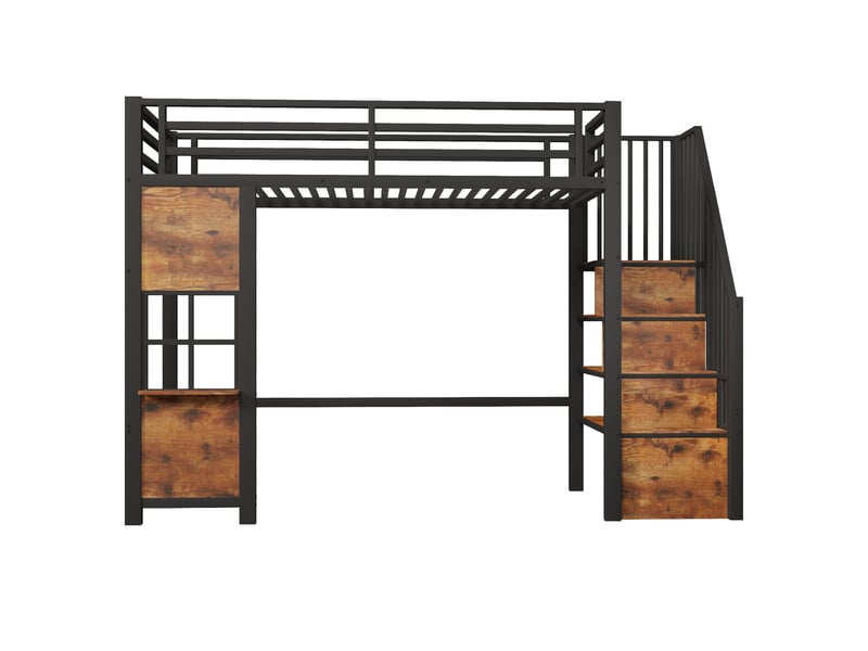  Lit superposé 90x200 cm, lit enfant, rangement, échelle sécurisée, barrière antichute, bois et métal noir  - Conforama B