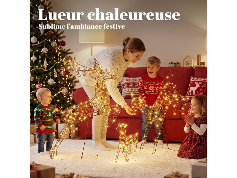  Lot de 3 rennes lumineux noël extérieur 120 cm, 8 modes et minuterie, cerf lumineux noël avec 200 led blanc chaud  - Conforama A