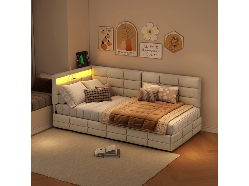  Lit jeune 90x200 avec rangement, lit simple pour adolescent avec led et usb lit banquette avec 2 tiroirs et tête de lit rembourrée beige lin, sans matelas  - Conforama B