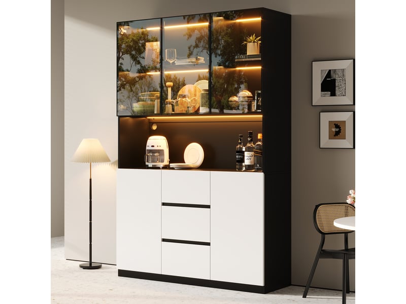  Vitrine en verre avec led, meuble vitrine 120x40x200 cm en mdf blanc et noir avec étagères, tiroirs et portes pour salon et salle à manger.  - Conforama E