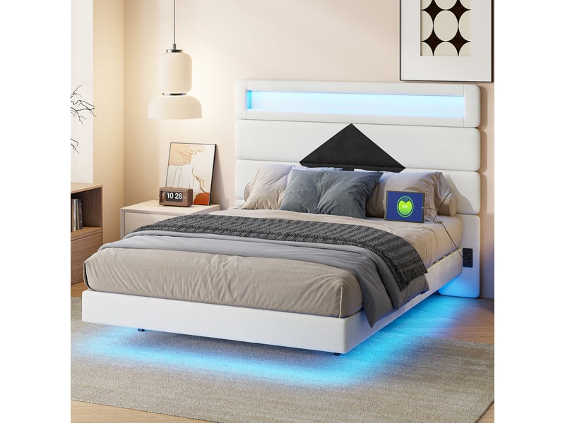  Lit rembourré suspendu 140x190cm-blanc et noir - tête de lit losange réglable avec led rgb et ports usb  - Conforama C