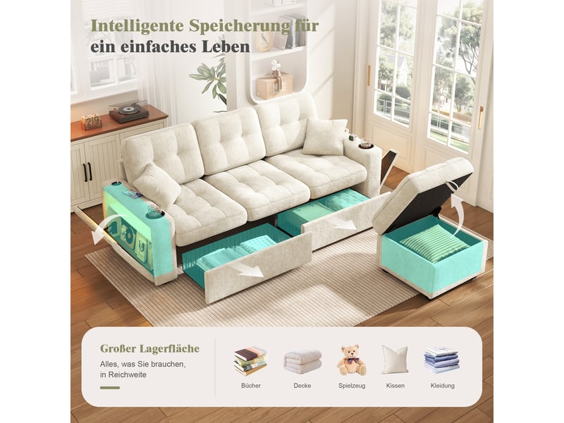  Canapé d'angle multifonction 3 places 194x133x83 cm en chenille - usb-c porte-gobelets led 2 tiroirs roulants pouf coffre - beige BUYDEEMEUS - Conforama D