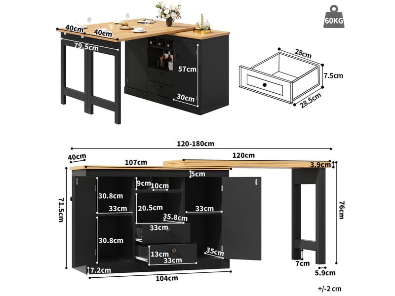  Table bar extensible 120x180 cm avec fonction pivotante à 360° et rangement mdf noir  - Conforama E