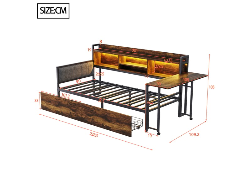 Lit avec rangement 90x200 cm coloris naturel led métal lit enfant naturel - Conforama C