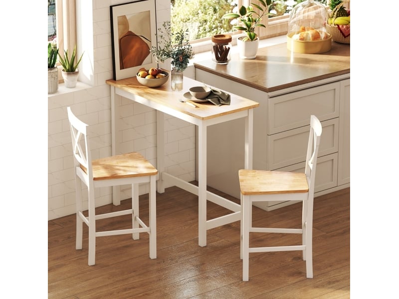  Table de bar pour 2 personnes avec plateau rectangulaire en bois d'hévéa, chêne naturel et blanc, 108 × 48 × 91 cm  - Conforama B