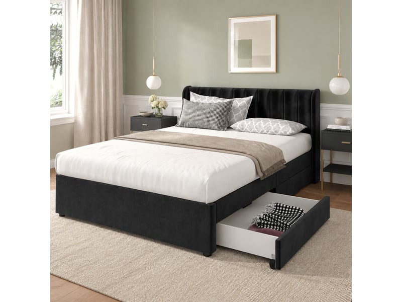  Lit 160 x 200 cm en velours noir avec sommier à lattes, tête de lit et 2 tiroirs  - Conforama D