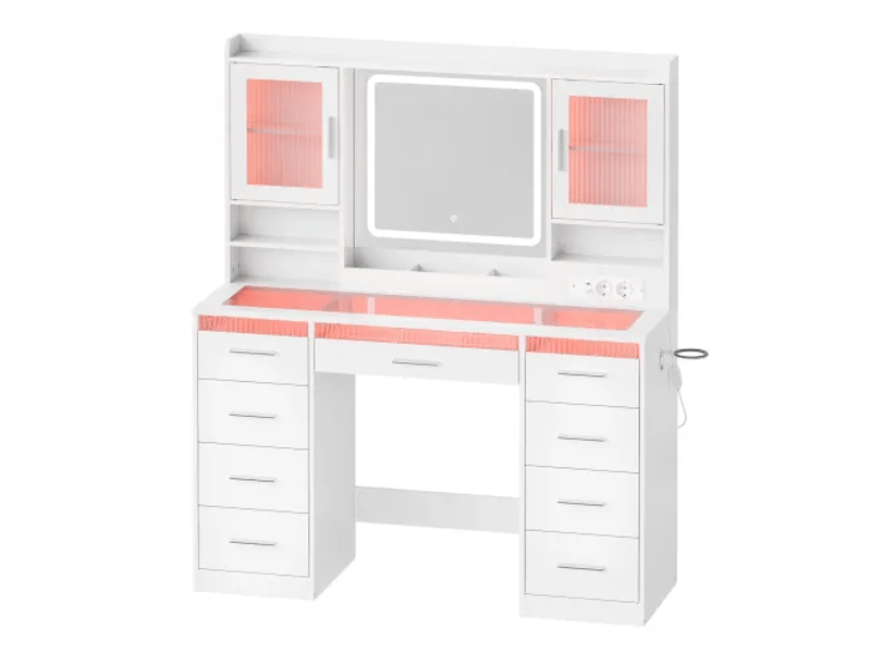  Coiffeuse avec miroir led, 9 tiroirs et rangements pour chambre en bois d’ingénierie 110×40×140 cm blanche  - Conforama A
