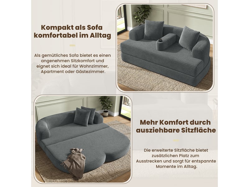  Canapé convertible 2 places en velours côtelé gris, 176 x 184 x 47 cm, porte-gobelets, sans montage, livré compressé, coussins inclus, pour le salon CARDUME ESTIVAL - Conforama D