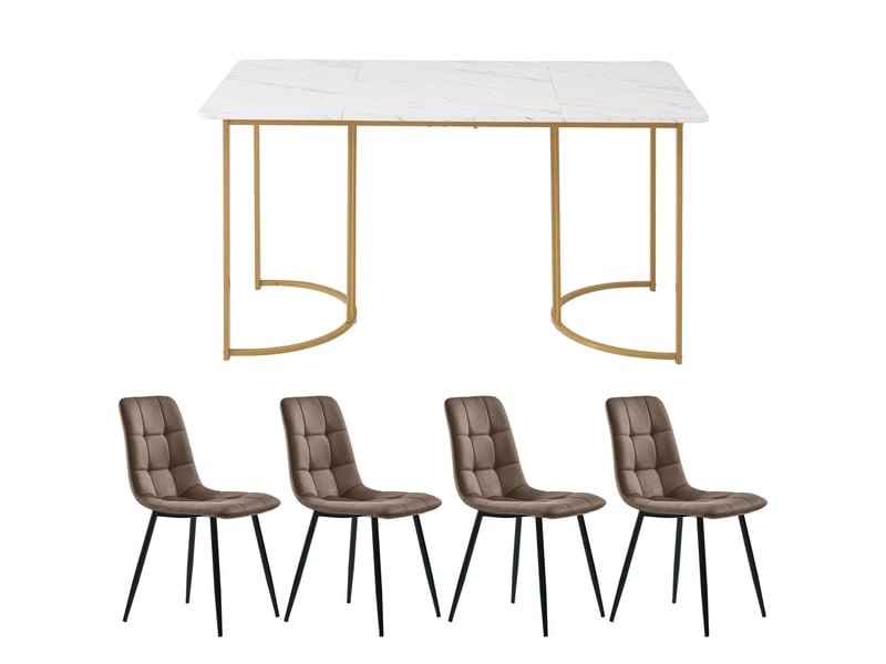  Ensemble table et chaises 5 pièces, table à manger avec 4 chaises, plateau effet marbre 140 x 80 cm, pieds métal doré  - Conforama E