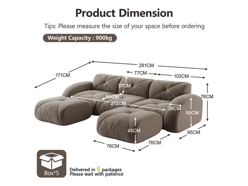 Canapé panoramique en u modulaire avec assises en mousse et 2 poufs, pour salon, en chenille taupe - Conforama E
