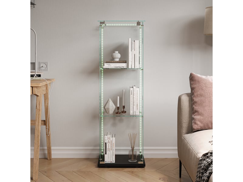  Vitrine en verre 3 niveaux simple porte - 39,8 x 35 x 123,5 cm - noir - armoire d'exposition avec ruban led et base noire  - Conforama C