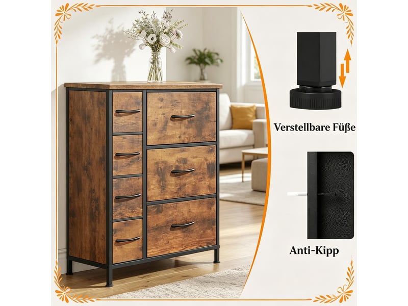  Commode de rangement 7 tiroirs en tissu - lpospi - structure métal, plateau bois, style vintage - marron rustique  - Conforama E