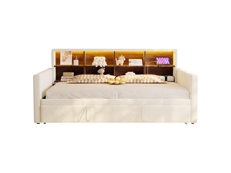  Lit canapé capitonné 90x190cm, éclairage led, prises, compartiments et couchage extractible, velours beige  - Conforama A