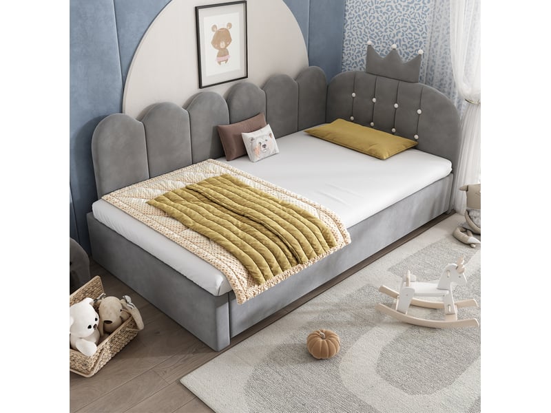  Modenvie lit gigogne 90x200 cm - forme l en velours avec tete de lit couronne, sans matelas - gris  - Conforama B