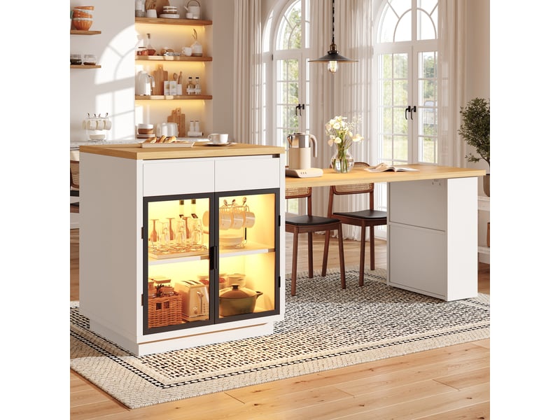 Îlot de cuisine table extensible 122–194,5 cm - 2 tiroirs et façades vitrées - led rvb avec application - mdf - blanc CozyNest - Conforama D