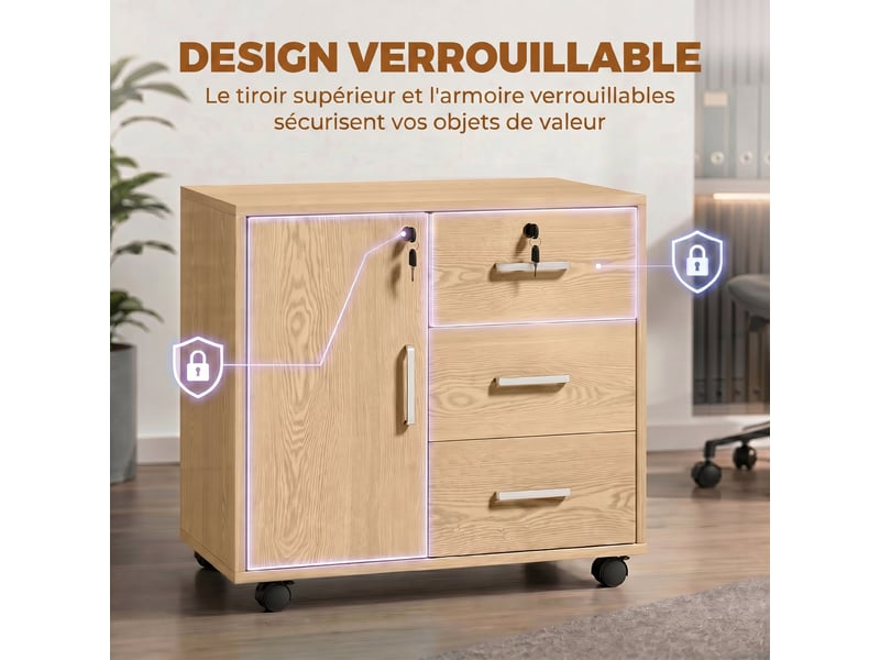  Caisson bureau meuble de rangement verrouillable avec 3 tiroirs et étagère réglable, roulettes, marron clair, 40 x 60 x 56 cm  - Conforama E