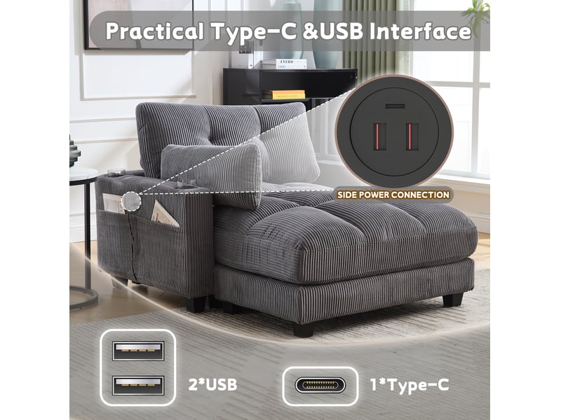 Fauteuil relax 1 place en velours côtelé gris avec usb, porte-gobelets et poche latérale pour se détendre - Conforama E