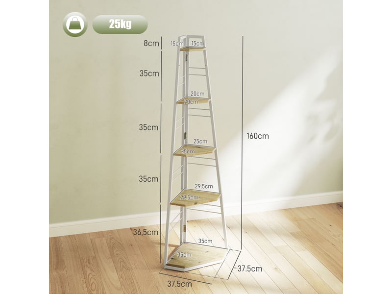  Bibliothèque d'angle à 5 étagères avec cadre pliable et pieds réglables, couleur bois  - Conforama E