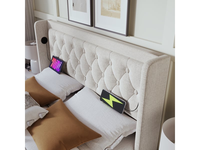  Lit coffre 160x200 cm tissu beige – led, tête rembourrée et ports usb-c  - Conforama E