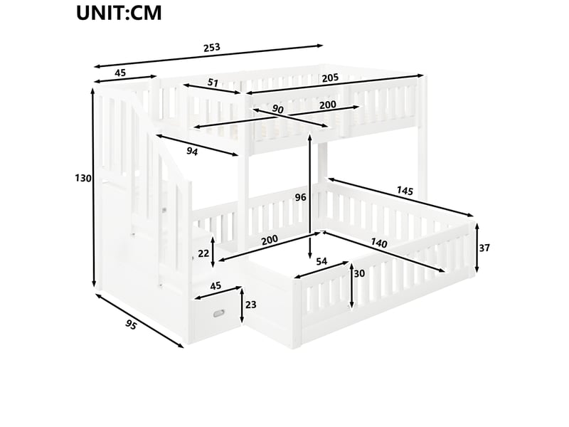  Lit superposé 3 places 90 x 200 et 140 x 200 cm avec escalier de rangement, lit enfant en pin blanc avec garde-corps et petite porte  - Conforama D