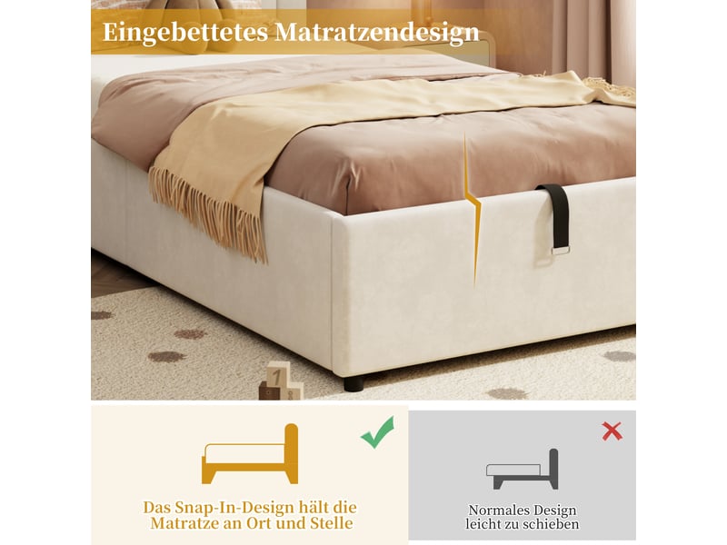 Lit capitonné 90x200 enfant velours beige - lit simple avec sommier et coffre hydraulique - Conforama D