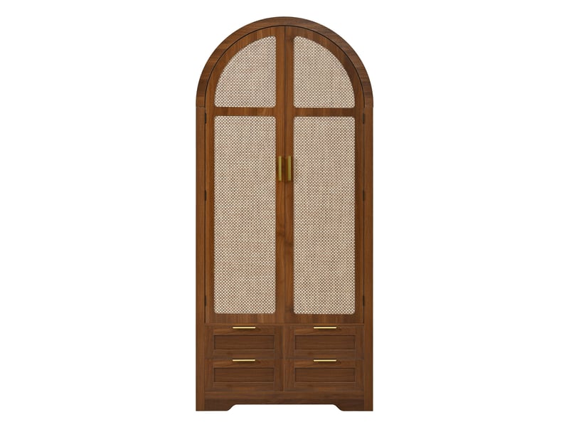  Armoire à portes galbées, 80 x 50 x 180 cm, panneaux de porte effet rotin, avec tringle et tiroirs, couleur noyer  - Conforama A