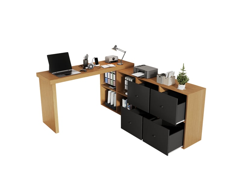  Bureau d'angle pivotant 360 en l, bureau informatique modulable avec 4 tiroirs et compartiments, plateau renforcé de 4 cm, noir et chêne  - Conforama A