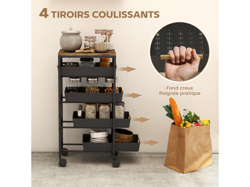  Desserte de cuisine 5 niveaux 4 tiroirs sur roulettes métal noir 39,5x24x82 cm  - Conforama D