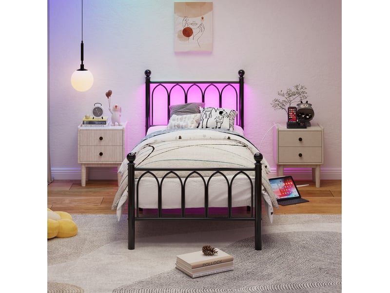  Lit simple 90 × 200 cm avec led réglable, 2 ports usb et prise, rangement sous lit, sans matelas, en métal noir  - Conforama C