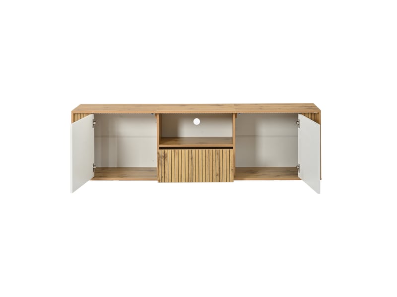  Meuble tv 180x40x51 cm, pour tv jusqu’à 75 pouces, led bluetooth, 2 portes battantes, 1 tiroir, niche ouverte, mdf et aggloméré, blanc et bois OMNIGLINT TRADING LTD - Conforama E