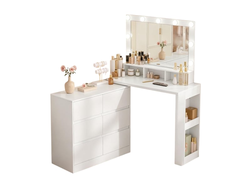 Coiffeuse blanche avec miroir led rectangulaire et rangements - Conforama A