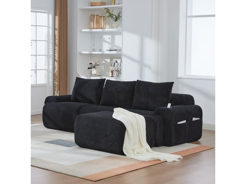 Canapé modulaire 3 places en velours côtelé avec repose-pieds 268 x 174 x 80 cm porte-gobelet - Conforama E