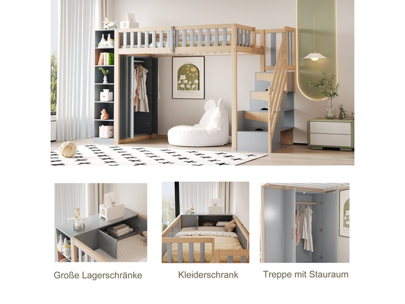  Lit mezzanine 90x200 cm avec étagères et armoire, lit enfant avec échelle de sécurité, gris + bois naturel, lit 1 personne  - Conforama E