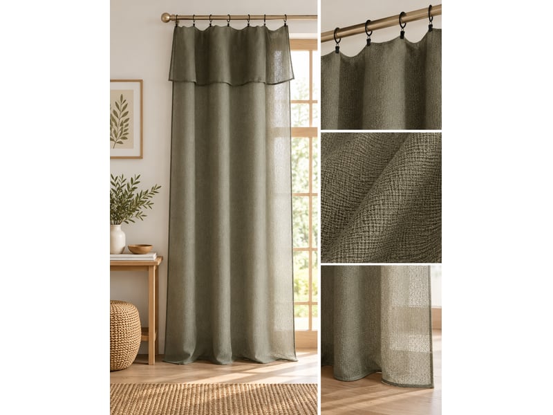 Rideau ajustable + 8 anneaux pince 140 x 270 cm polyester effet bouclette elda kaki 15668 - Conforama D