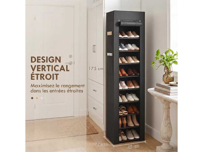 Étagère à chaussures 20 paires 10 niveaux, noir, range-chaussures en métal avec housse anti-poussière - Conforama E