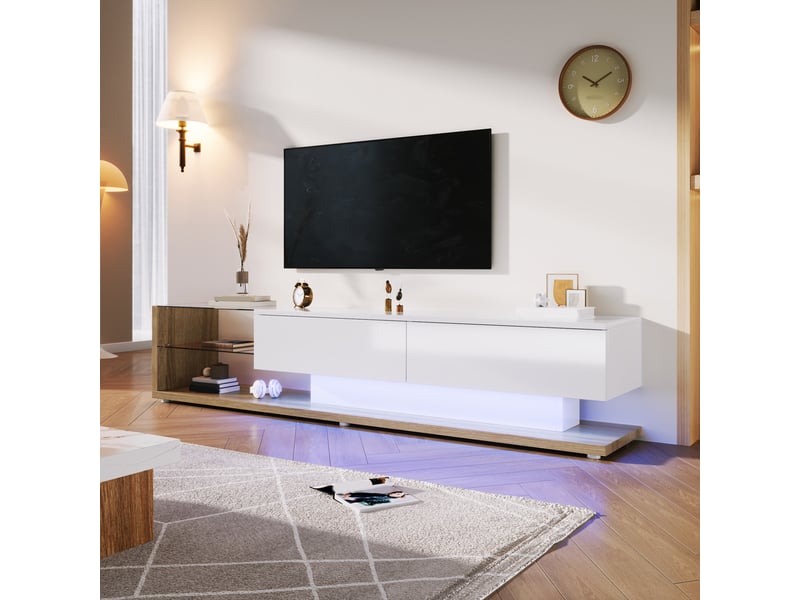  Meuble tv blanc brillant et bois, 170 cm, éclairage led  - Conforama B