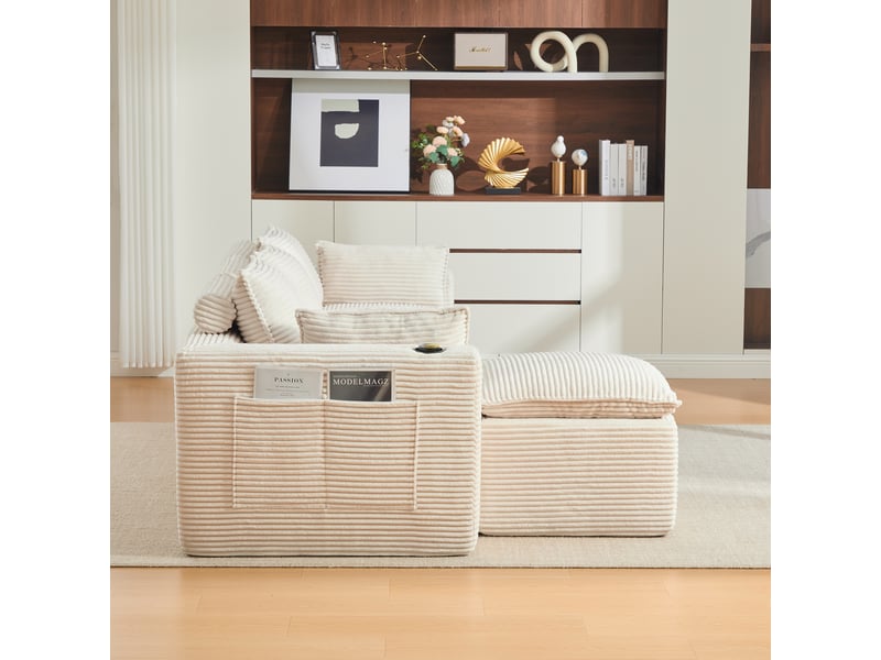  Canapé modulaire 3 places avec poches latérales, coussins et assise à ressorts, en tissu côtelé beige  - Conforama D