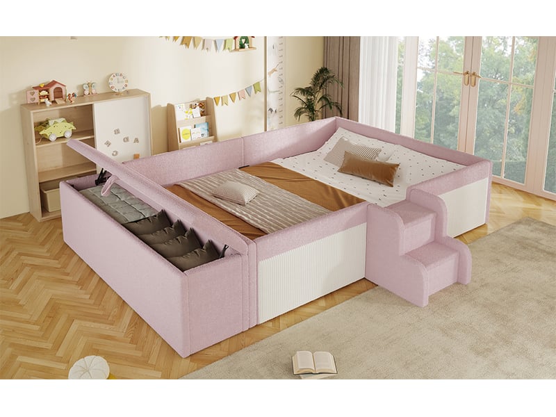  Lit enfant 140 x 190 cm, banc coffre mobile, escalier 2 marches, contours rembourrés, sommier à lattes inclus, revêtement bouclé, rose et blanc Luxe haut de gamme - Conforama W