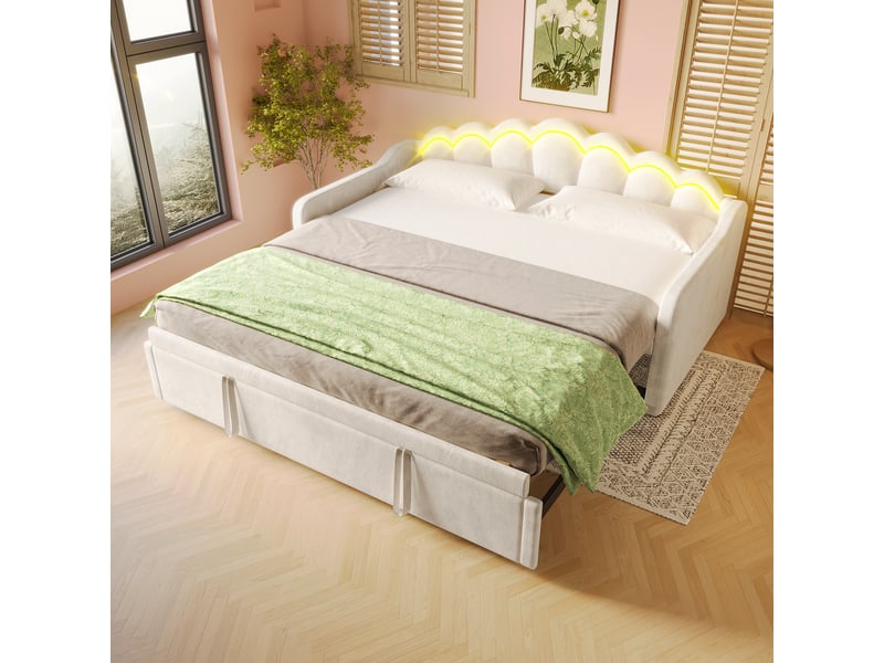 Lit évolutif en velours 90x200 à 180x200 cm avec lit gigogne et éclairage led – sans matelas - Conforama D