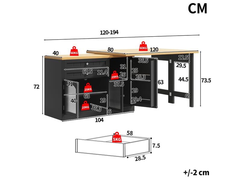Îlot de cuisine extensible 120 à 194 cm noir avec plateau pivotant et rangements - Conforama C