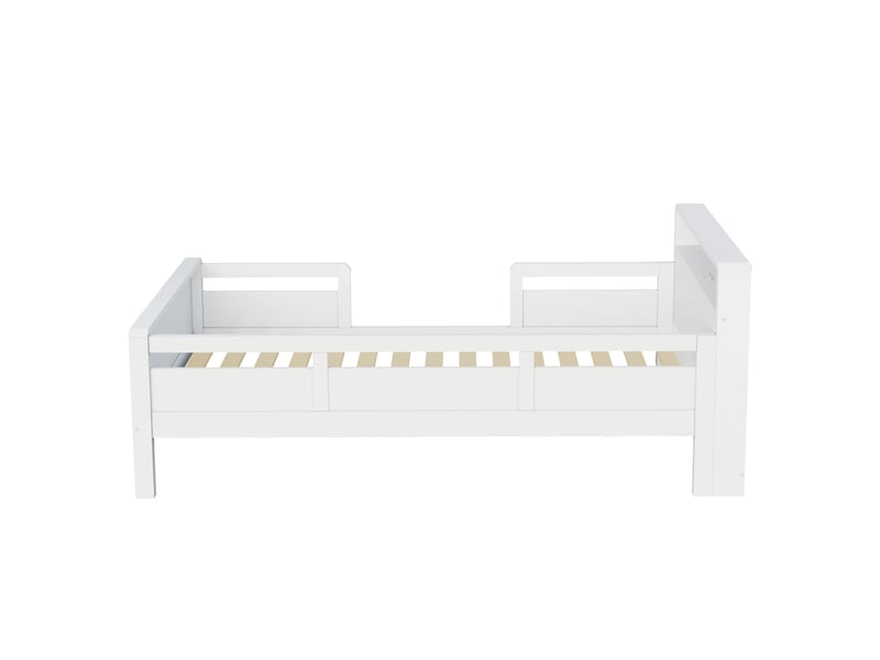  Lit en bois 90 x 200 cm blanc, prise usb et type-c, petite led, tête de lit avec rangement, pin.  - Conforama A
