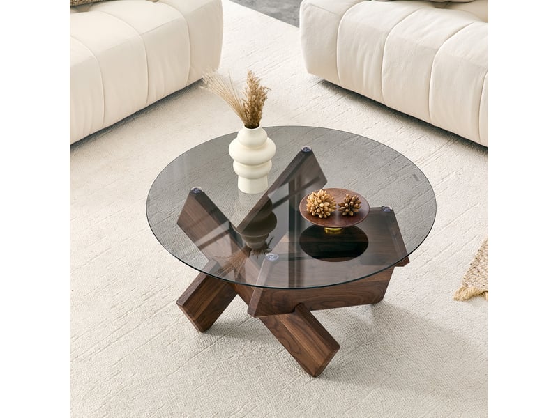  Table basse ronde en verre trempé, socle mdf aspect noyer, ø 79 x h 45 cm  - Conforama B