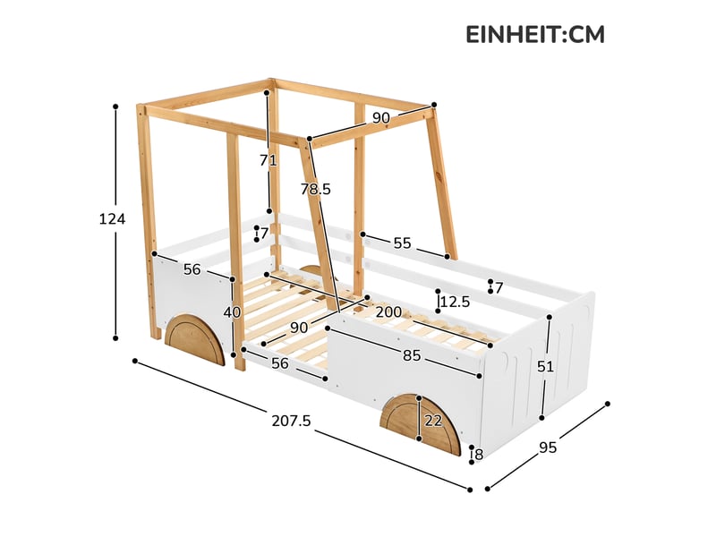  Lit voiture pour enfant 90 x 200 cm en bois et mdf avec barrières, blanc et naturel  - Conforama C