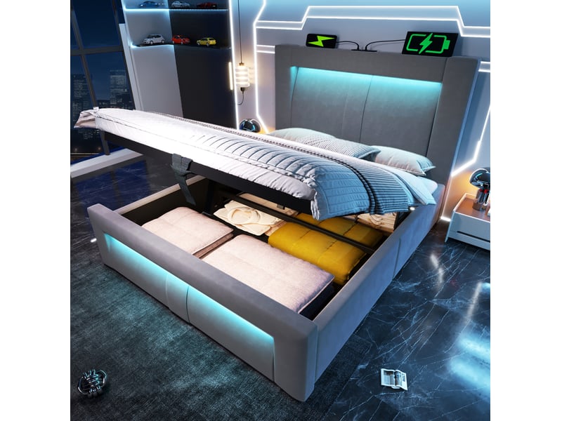  Modenvie lit coffre 90x200 cm - avec led, ports usb-c et tête de lit galbée, matelas inclus - gris  - Conforama B
