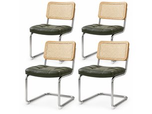 Lot de 4 chaises de salle à manger cantilever 53x46,4x84,6 cm, dossier en cannage rotin, assise rembourrée en similicuir, piètement chromé, vert