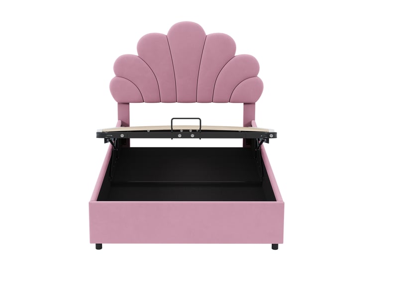  Lit coffre simple 200×90 cm avec rangement hydraulique et tête de lit fleurie, sommier à lattes, sans matelas, en velours rose  - Conforama E