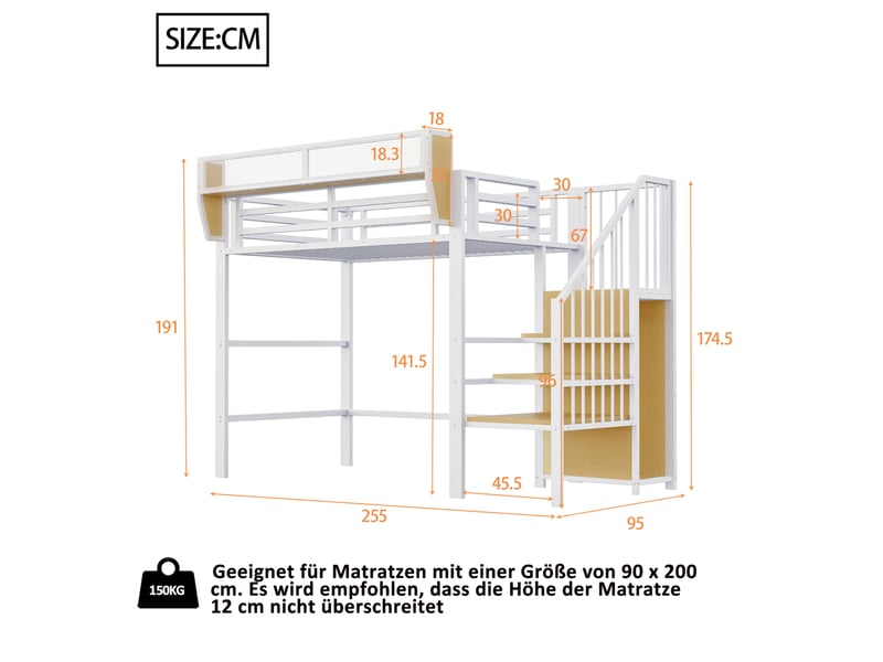  Lit mezzanine 90x200 cm avec échelle de sécurité et étagère modulable blanc  - Conforama C