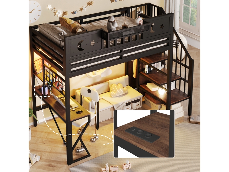 Lit mezzanine en métal led usb 90x200 cm, bureau, lit 1 place avec escalier rangement, lit enfantado, panneau perforé, gain de place, noir Seren Glow - Conforama D